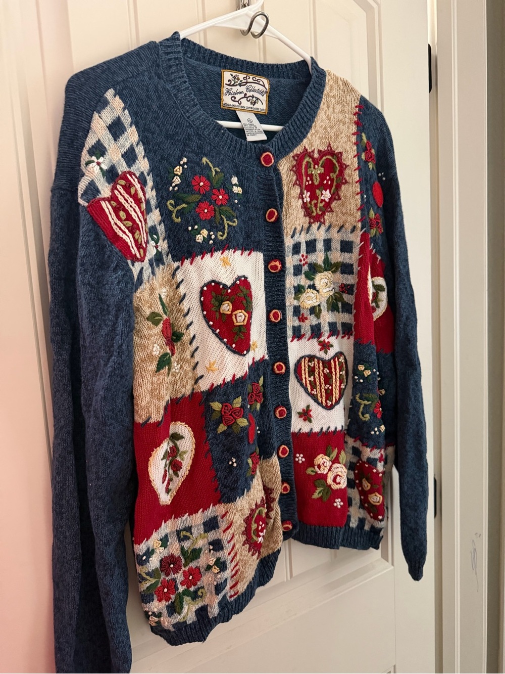 VTG heirloom collectables embroidered Heart Cardigan Sweater - Blue & Red